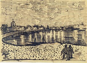 A drawing of the people near a river during a starry night