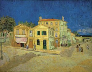 A painting of a yellow house under a blue sky with people walking on the street