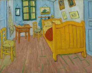 A painting of a bedroom with chairs, a yellow bed and blue walls