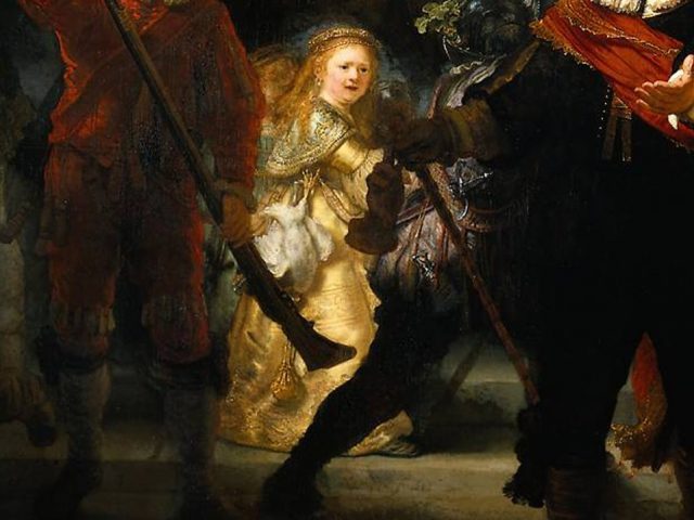 A light-up girl on a dark painting, in a group of men with traditional weapons.