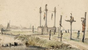 drawing of hanged people near a river
