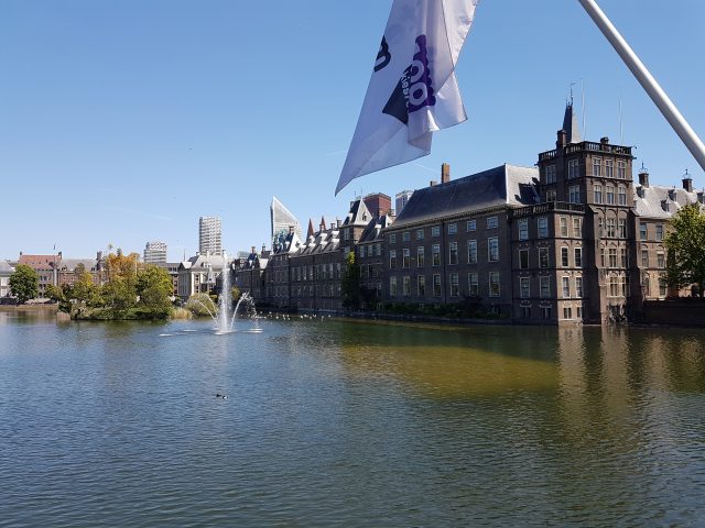 Old and modern buildings near a pond with a fountain under a blue sky