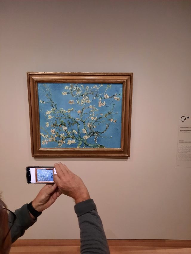 A person taking a picture of a painting of Almond Blossom branches with a cell phone