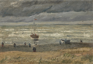 Vincent van Gogh painting of a sea and beach with people and boat