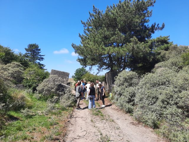 a group of peuple standing on a footpath, next to concrete blocks in the the dunes