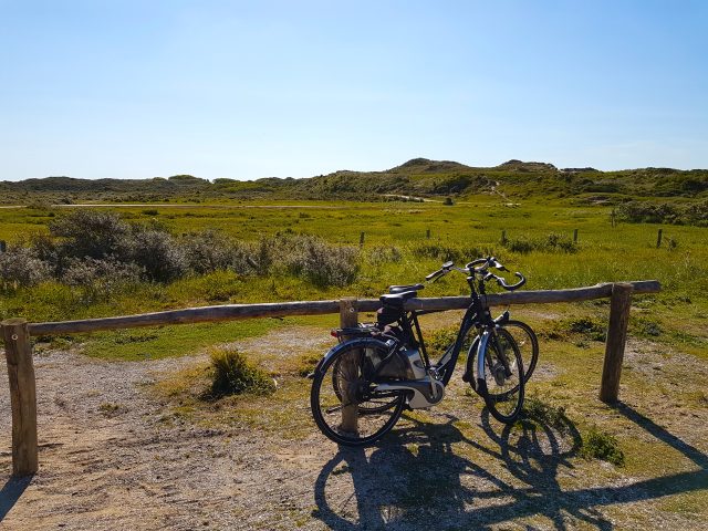 Two bicycles parked against a wooden construction in the dunes