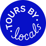 A round blue logo with text in white; Tours By Locals
